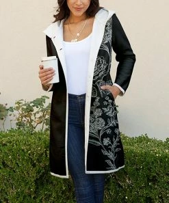Lily | Black & White Floral Button-Up Hooded Sherpa Jacket - Women