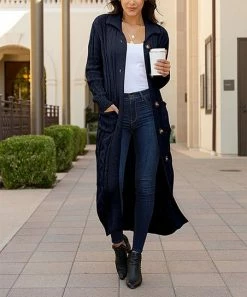 Lily | Dark Blue Collared Button-Up Duster - Women & Plus