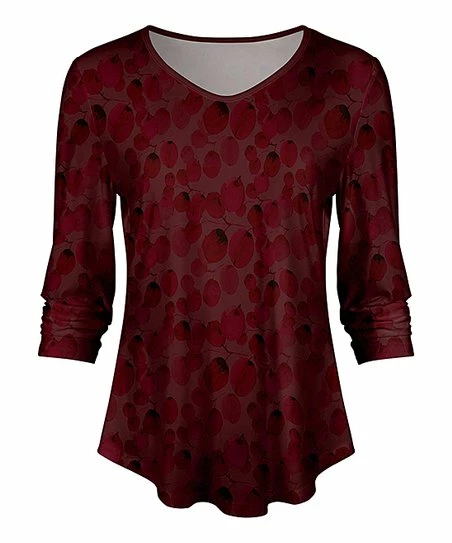 Lily | Red & Mauve Foliage Curved-Hem V-Neck Tunic - Women & Plus 1 Lily | Red & Mauve Foliage Curved-Hem V-Neck Tunic - Women & Plus