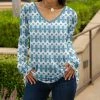 Lily | Teal & White Geometric Long-Sleeve V-Neck Tunic - Plus
