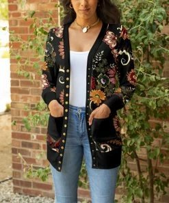 Lily | Black & Brown Floral Pocket Longline Snap Cardigan - Women & Plus