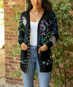 Lily | Black & Blue Floral Pocket Longline Snap Cardigan - Women & Plus