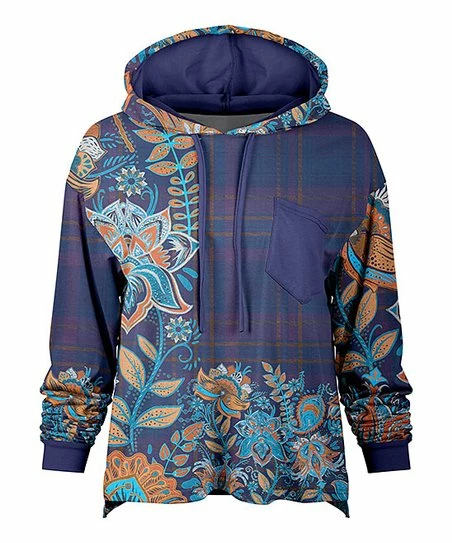 Lily | Navy & Orange Paisley Floral Chest-Pocket Hoodie - Women 1 Lily | Navy & Orange Paisley Floral Chest-Pocket Hoodie - Women