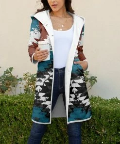 Lily | Navy & Brown Geometric Hooded Fleece Button-Up Jacket - Women