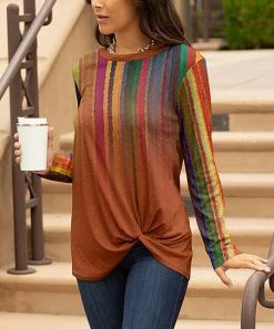 Lily | Rust & Magenta Abstract Stripe Twist-Hem Long-Sleeve Tunic - Plus