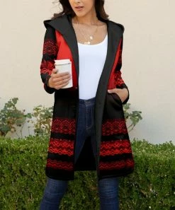 Lily | Black & Red Abstract Hooded Sherpa Coat - Plus