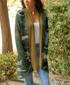 Lily | Green & Gold Camo Pocket Shawl-Collar Cardigan - Women