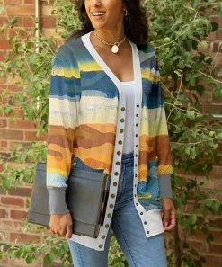 Lily | Navy & Orange Watercolor Stripe Snap-Button Cardigan - Women