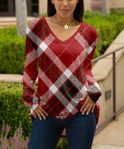 Lily | Red & White Plaid Long-Sleeve V-Neck Tunic - Plus