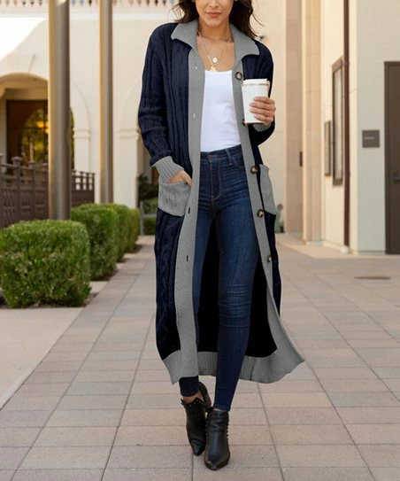 Lily | Dark Blue & Gray Cable-Knit Pocket Button-Up Duster - Plus 1 Lily | Dark Blue & Gray Cable-Knit Pocket Button-Up Duster - Plus