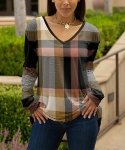 Lily | Black & Brown Plaid Long-Sleeve V-Neck Tunic - Women