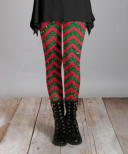 Lily | Green & Red Chevron Sparkle-Print Leggings - Women & Plus 1 Lily | Green & Red Chevron Sparkle-Print Leggings - Women & Plus