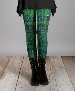 Lily | Dark Green Plaid Sparkle-Print Leggings - Women