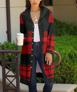 Lily | Red & Black Plaid Hooded Cardigan - Plus