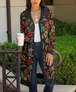 Lily | Black & Red Floral Long Hooded Button-Up Cardigan - Women