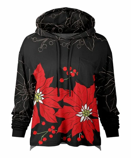Lily | Black & Red Poinsettia Pocket-Accent Hoodie - Women 1 Lily | Black & Red Poinsettia Pocket-Accent Hoodie - Women