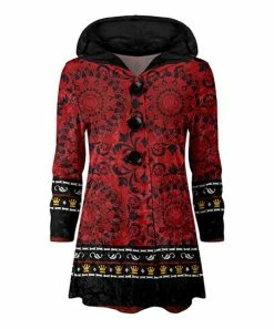 Lily | Red & Black Medallion Velvet Button-Up Hooded Cardigan - Women