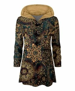 Lily | Teal & Gold Medallion Velvet Button-Up Hooded Cardigan - Plus