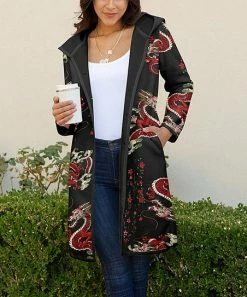 Lily | Red & Black Dragon Hooded Pocket Open Jacket - Women