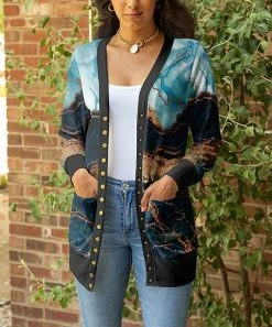 Lily | Navy & Turquoise Marble Pocket Snap-Button Cardigan - Women