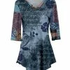 Lily | Blue & Taupe Floral Script V-Neck Tunic - Plus