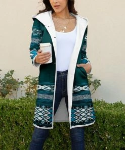 Lily | Teal & Blue Abstract Hooded Sherpa Coat - Women