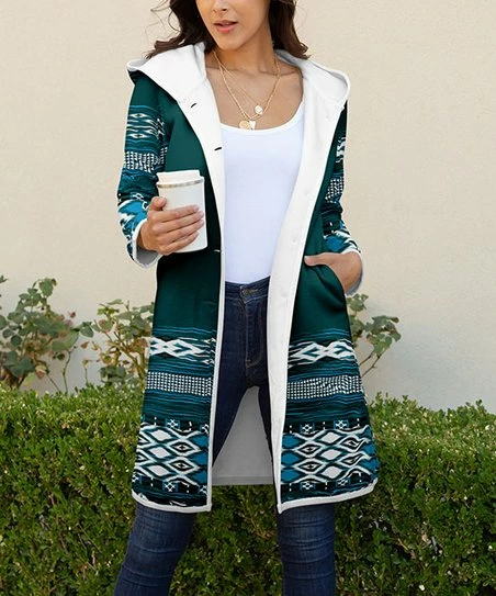 Lily | Teal & Blue Abstract Hooded Sherpa Coat - Women 1 Lily | Teal & Blue Abstract Hooded Sherpa Coat - Women