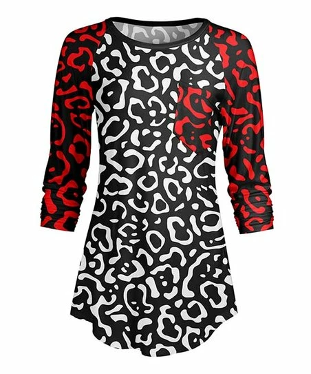 Lily | Red & Black Jaguar Chest-Pocket Raglan Tunic - Women 1 Lily | Red & Black Jaguar Chest-Pocket Raglan Tunic - Women