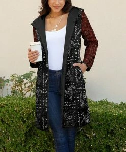 Lily | Black & Rust Abstract Hooded Sherpa Coat - Plus