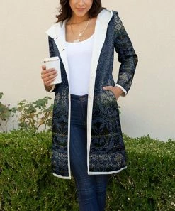 Lily | Blue & Green Baroque Pocket Hooded Sherpa Coat - Women