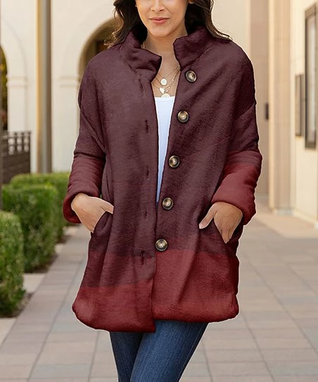 Lily | Burgundy & Red Gradient Pocket Button-Up Coat - Plus 1 Lily | Burgundy & Red Gradient Pocket Button-Up Coat - Plus