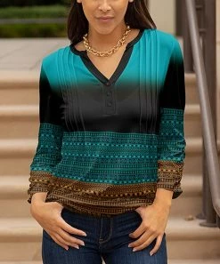 Lily | Aqua & Rust Geometric Pleated Button-Front V-Neck Tunic - Plus