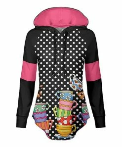 Lily | Black & Pink Teacup & Polka Dot Curved-Hem Raglan Hoodie - Women