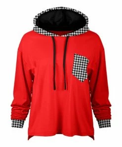 Lily | Red & Black Houndstooth Contrast Chest-Pocket Hoodie - Plus