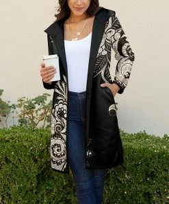 Lily | Black & Brown Paisley Pocket Hooded Sherpa Coat - Plus