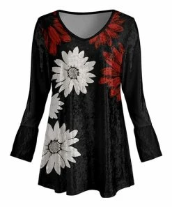 Lily | Black & Red Floral Drape V-Neck Velvet Tunic - Plus