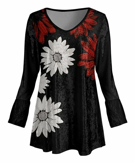 Lily | Black & Red Floral Drape V-Neck Velvet Tunic - Plus 1 Lily | Black & Red Floral Drape V-Neck Velvet Tunic - Plus