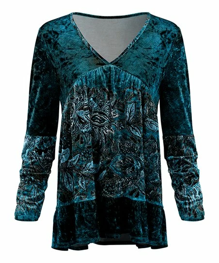 Lily | Teal & Black Floral V-Neck Velvet Tiered Tunic - Women 1 Lily | Teal & Black Floral V-Neck Velvet Tiered Tunic - Women