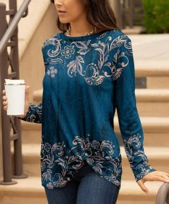 Lily | Blue & Beige Floral Twist-Hem Long-Sleeve Tunic - Plus