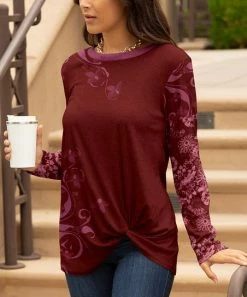 Lily | Red & Rose Floral Twist-Hem Long-Sleeve Tunic - Women