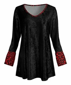 Lily | Black & Red Floral-Contrast Velvet Flare-Hem V-Neck Tunic - Plus