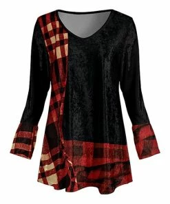 Lily | Black & Red Plaid Color-Block Velvet Flare-Hem V-Neck Tunic - Plus