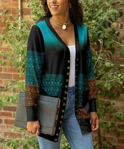 Lily | Black & Teal Arabesque Pocket Snap-Button Cardigan - Women