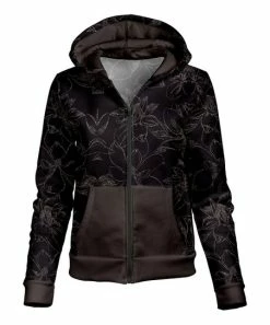 Lily | Black & Charcoal Floral Kangaroo-Pocket Zip-Up Hoodie - Women