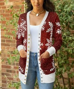 Lily | Red & White Snowflake Pocket Snap-Button Cardigan - Plus