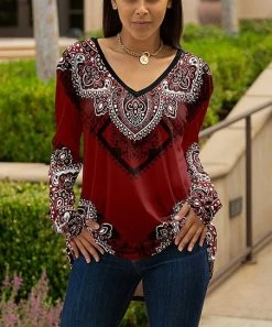 Lily | Burgundy & Black Arabesque Long-Sleeve V-Neck Tunic - Women & Plus