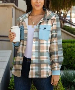 Lily | Turquoise & Beige Plaid Sherpa-Lined Shacket - Women