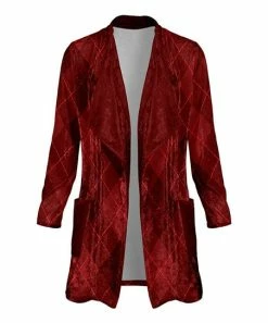 Lily | Dark Red Geometric Velvet Shawl Collar Open Cardigan - Plus