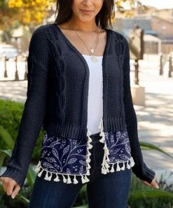 Lily | Navy & White Floral Fringe Hem Layered Cardigan - Women