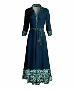Lily | Navy & Turquoise Paisley Trim Self-Tie Button-Front Maxi Dress - Women